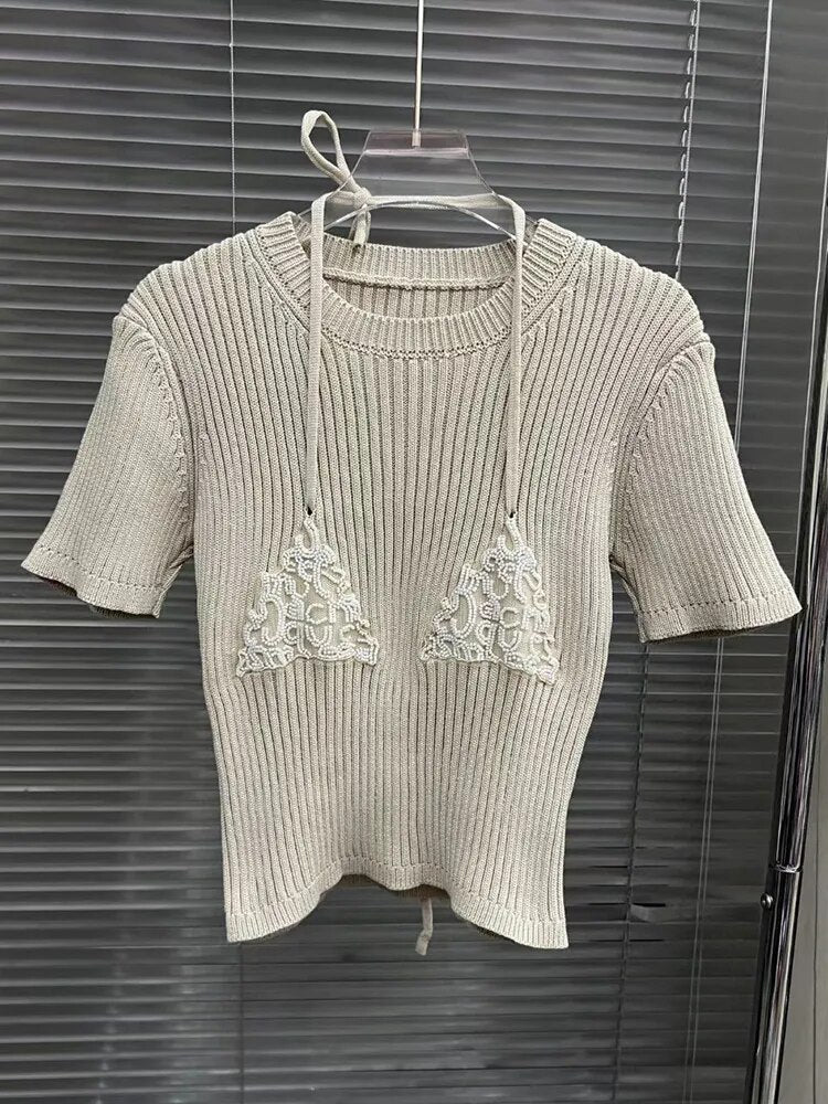 Patchwork Bead Casual Slimming Knitting Sweaters For Women Round Neck Short Sleeve Spliced Lace Up Sweater Female