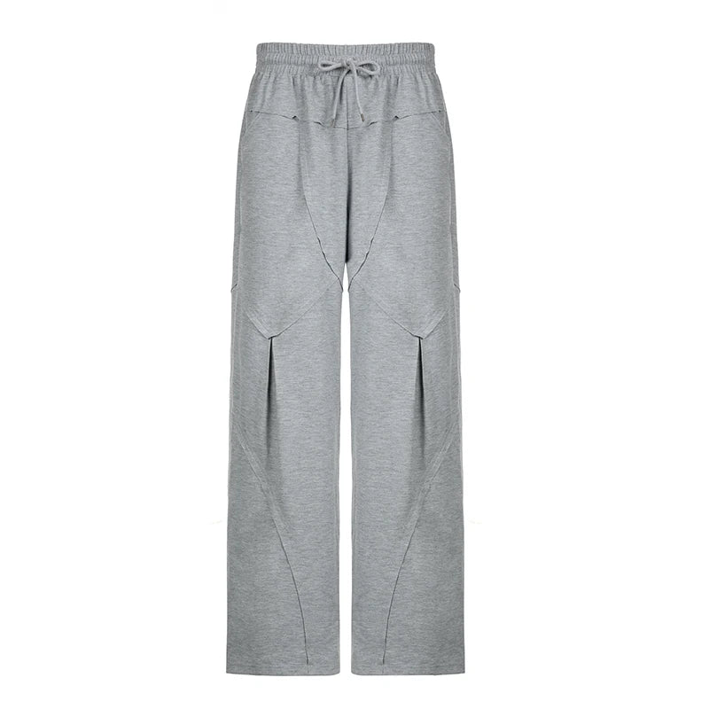 Streetwear Loose Stitching Gray Sweatpants Fall Winter Casual Women Trousers Sporty Chic Elastic Waist Joggers Bottom