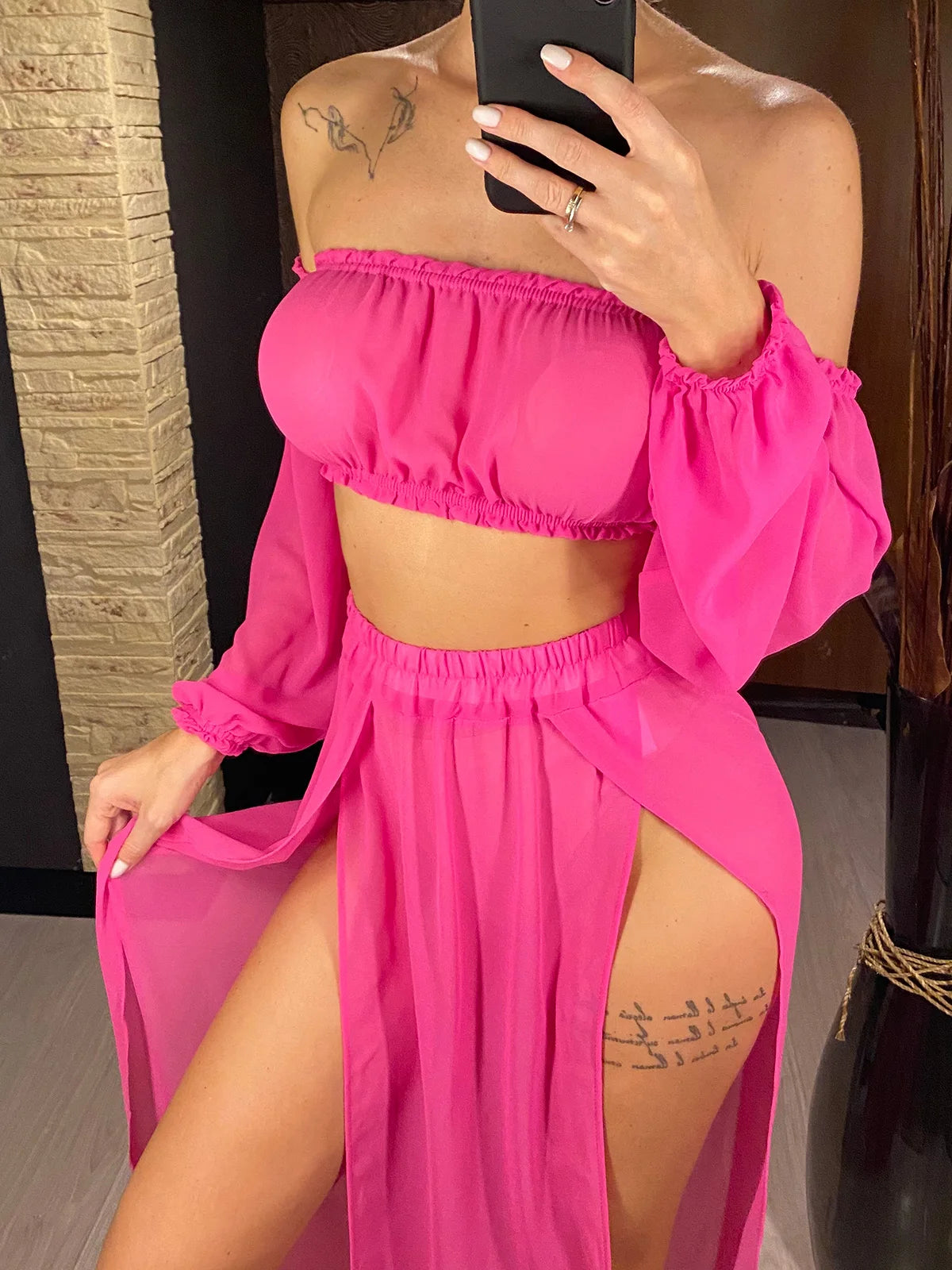 Leopard Off Shoulder Long Sleeve 2 Pieces Set Beach Cover Up Cover-ups Beach Dress Beach Wear Beachwear Female Women V3728