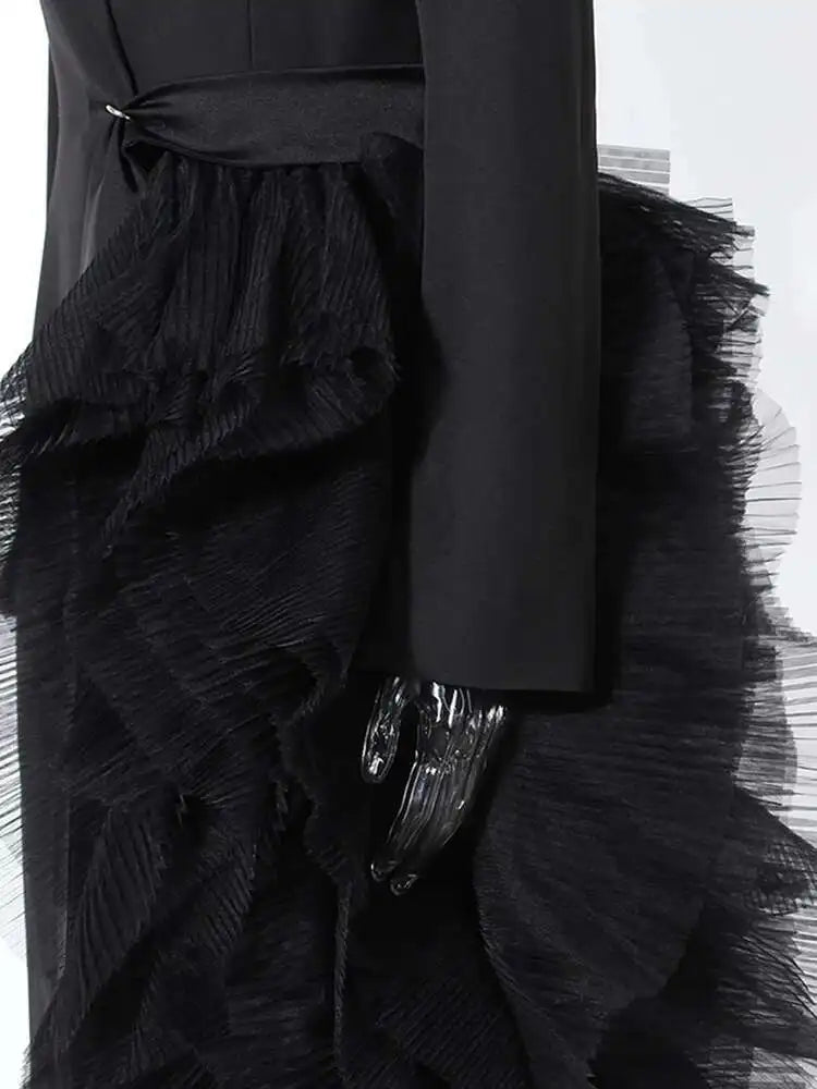 Women Black Irregular Mesh Big Size Long Elegant Blazer New Lapel Long Sleeve Jacket Fashion Spring Autumn 2025 7AB4743