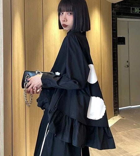 Women Black Color-block Dot Big Size Blouse New Lapel Long Sleeve Large Hem Shirt Fashion Tide Spring Autumn 2025 1DH4274