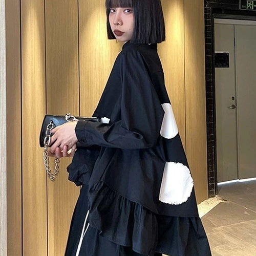 Load image into Gallery viewer, Women Black Color-block Dot Big Size Blouse New Lapel Long Sleeve Large Hem Shirt Fashion Tide Spring Autumn 2025 1DH4274
