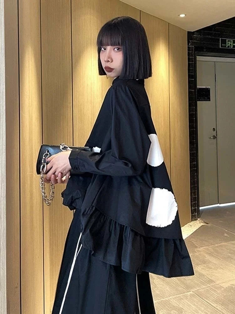 Women Black Color-block Dot Big Size Blouse New Lapel Long Sleeve Large Hem Shirt Fashion Tide Spring Autumn 2025 1DH4274