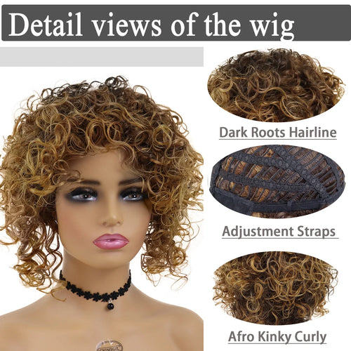 Load image into Gallery viewer, Afro Short Wig Culry Hair Synthetic Wigs with Bangs High Temperature Fiber Wig for Woman Mix Brown Colly Fashion Hairstyle Cute
