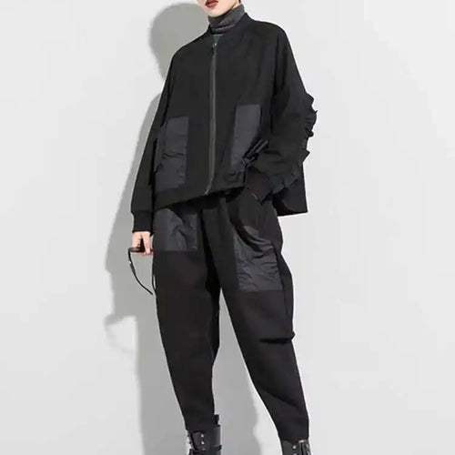 Load image into Gallery viewer, Loose Fit Black Pocket Ruffles Big Size Jacket New Stand Collar Long Sleeve Women Coat Fashion Autumn Winter 2025 1DD3814
