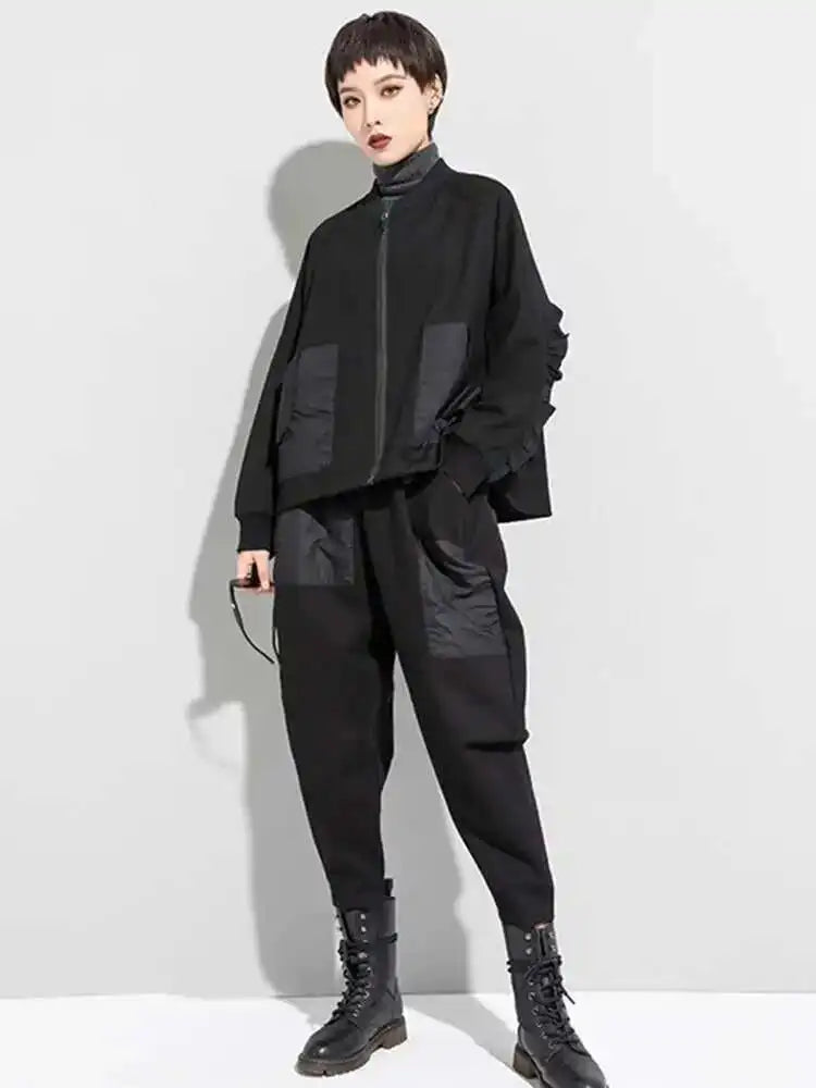 Loose Fit Black Pocket Ruffles Big Size Jacket New Stand Collar Long Sleeve Women Coat Fashion Autumn Winter 2025 1DD3814