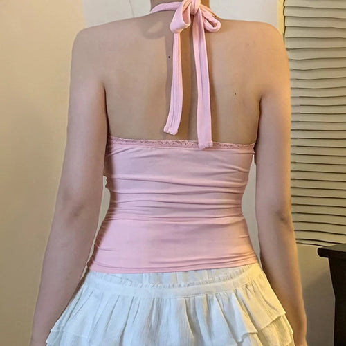 Load image into Gallery viewer, Y2K Sweety Pink Floral Embroidery With Bow Halter Camisole Women Backless Slimming Cropped Tops Summer Hottie Clothes
