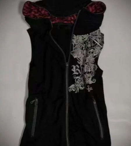 Harajuku Casual Women Printing Vest Coat Grunge Streetwear Sleeveless Patchwork Hooded Coats Y2k Aesthetic Zipper Pocket Jackets