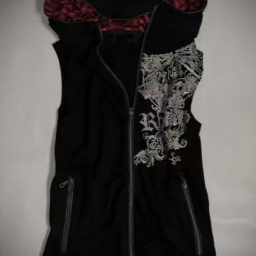 Load image into Gallery viewer, Harajuku Casual Women Printing Vest Coat Grunge Streetwear Sleeveless Patchwork Hooded Coats Y2k Aesthetic Zipper Pocket Jackets
