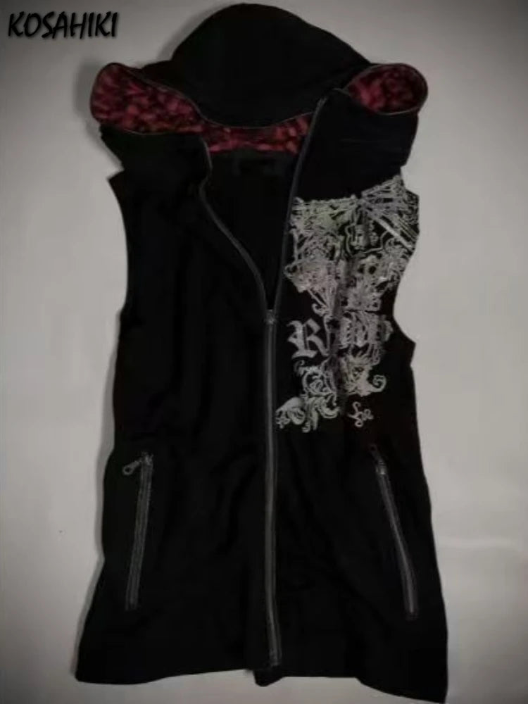 Harajuku Casual Women Printing Vest Coat Grunge Streetwear Sleeveless Patchwork Hooded Coats Y2k Aesthetic Zipper Pocket Jackets