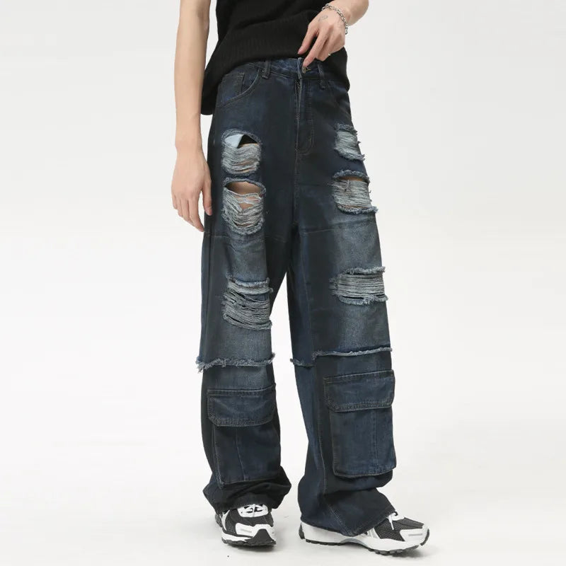 High Street Men's Jeans Loose Hole Worn-out Big Pocket Niche Design Male Straight Denim Pants Summer Stylish 9C6161