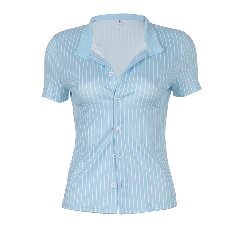 Fashion Knitted Chic Blue Stripe Women Blouse Top Buttons-Up Cardigan Slim Summer Shirts Korean Style Outfits Leisure