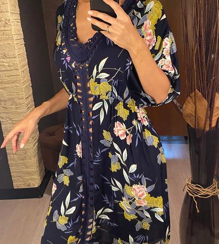 Flowers Printed Half Sleeve Crochet Knitted Tunic Beach Cover Up Cover-ups Beach Dress Beach Wear Beachwear Female Women V5663