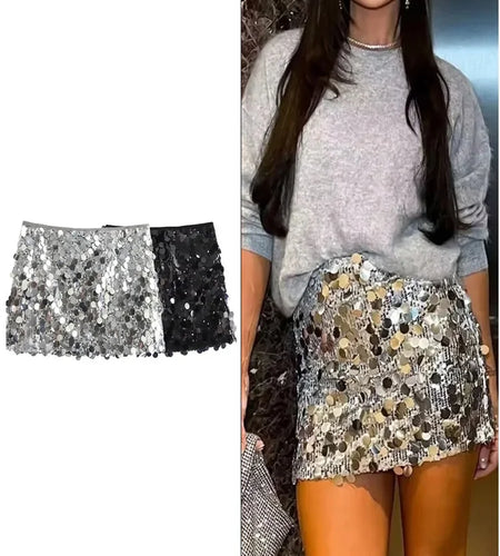 Women Fashion With Sequined Solid Side Zipper Mini Skirt Vintage High Waist Female Chic Lady Skirts