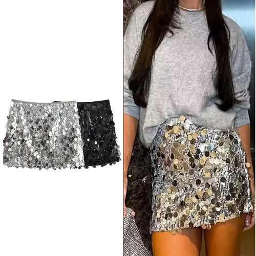 Load image into Gallery viewer, Women Fashion With Sequined Solid Side Zipper Mini Skirt Vintage High Waist Female Chic Lady Skirts
