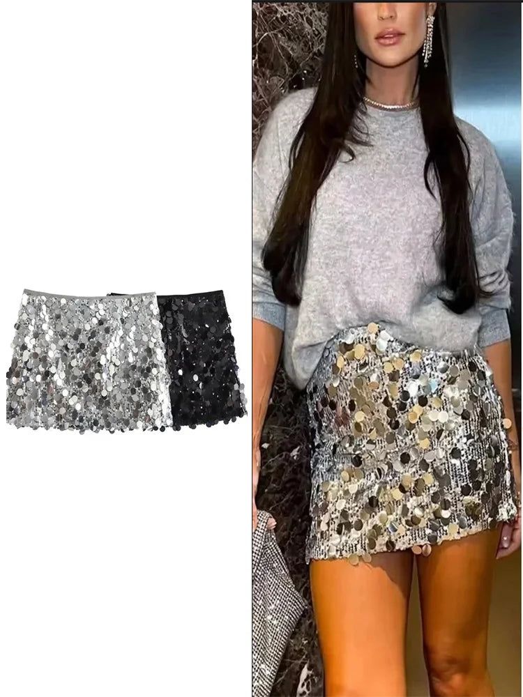 Women Fashion With Sequined Solid Side Zipper Mini Skirt Vintage High Waist Female Chic Lady Skirts