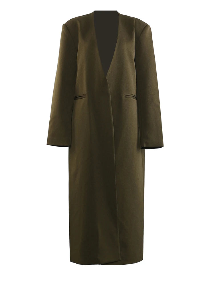 Women Army Green Big Size Long Elegant Blazer New Scarf Collar Long Sleeve Jacket Fashion Tide Spring Autumn 2025 1DH9827