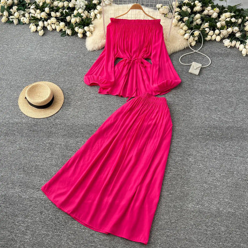 Load image into Gallery viewer, French Retro 2025 Women Solid Off Shoulder Elegant Lace-up Pleated Tops+ High Waist Party Long Skirt Spring Autumn Two Piece Set
