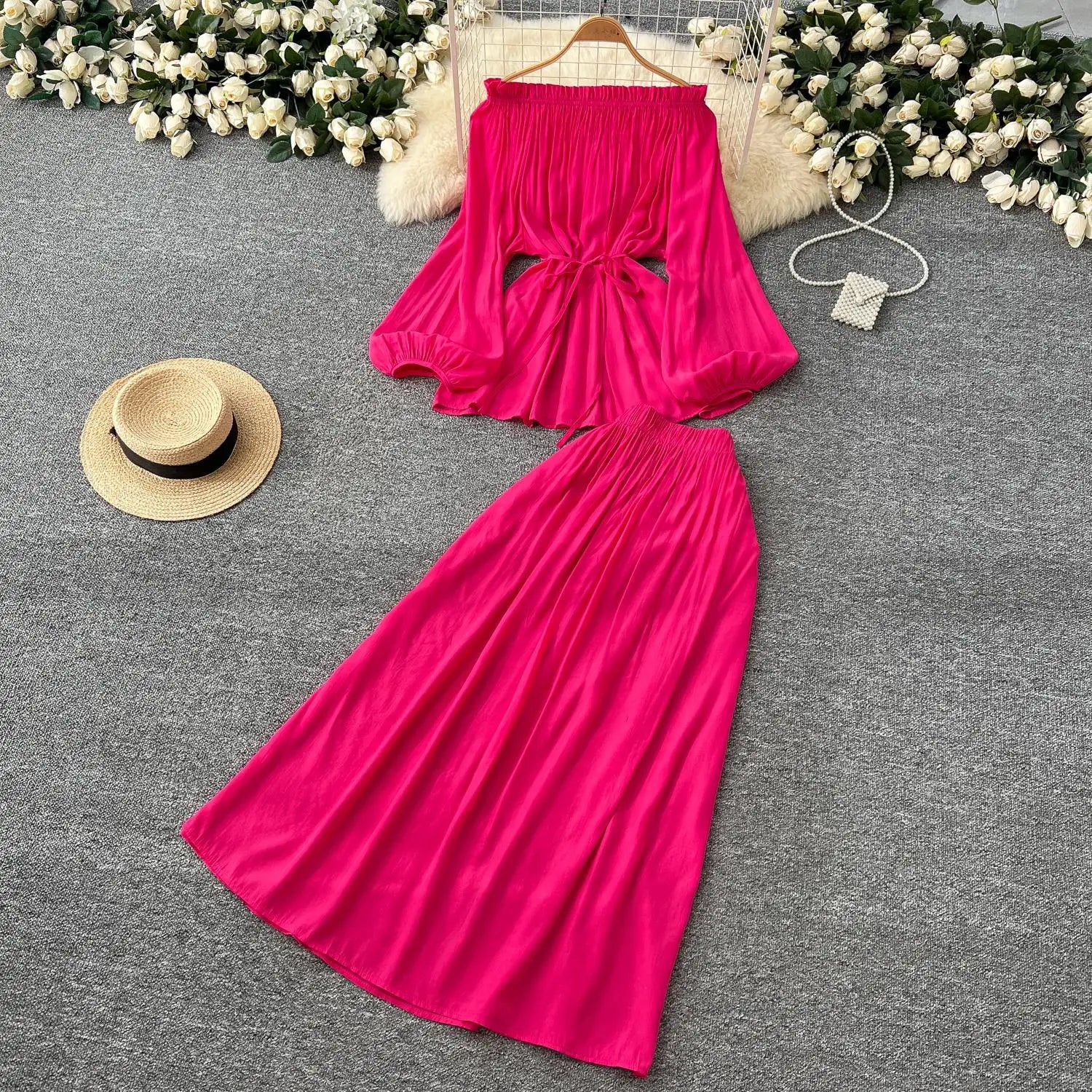 French Retro 2025 Women Solid Off Shoulder Elegant Lace-up Pleated Tops+ High Waist Party Long Skirt Spring Autumn Two Piece Set