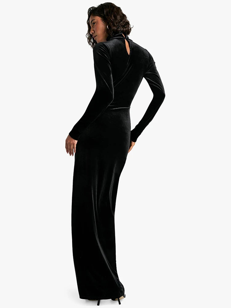 Velvet Long Sleeve Sexy Maxi Dress For Women Autumn Winter New Turtleneck Draped Ruched Bodycon Sexy Long Dress