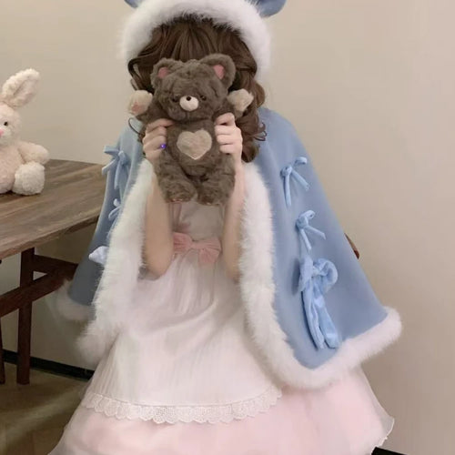 Load image into Gallery viewer, Kawaii Fur Patchwork Loose Sweet Hooded Cloak Coats Japanese Lolita Bandage Cete Jackets Y2k Aesthetic Grunge Bow Women Tops
