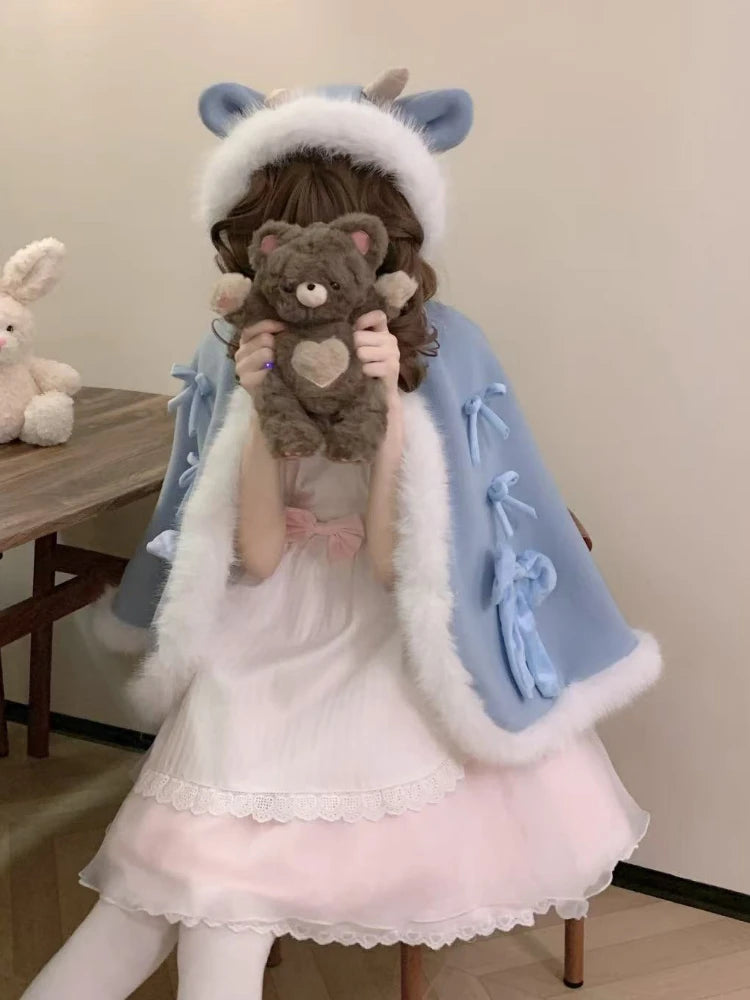 Kawaii Fur Patchwork Loose Sweet Hooded Cloak Coats Japanese Lolita Bandage Cete Jackets Y2k Aesthetic Grunge Bow Women Tops