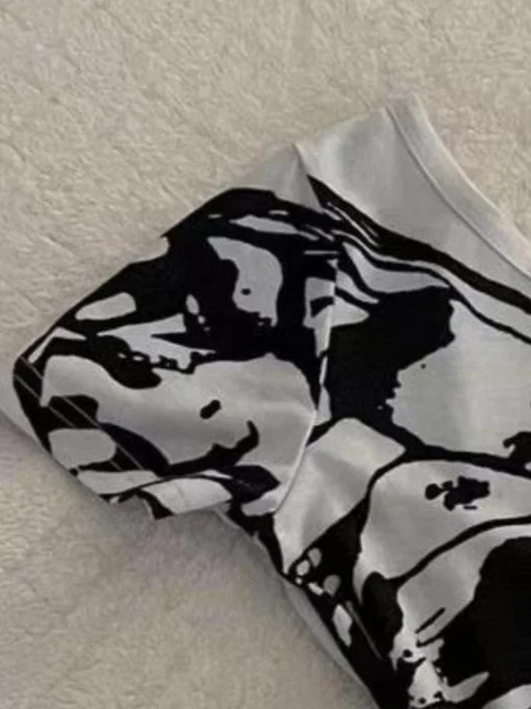 2025 Summer Sexy One Off Shoulder Y2k Aesthetic T-Shirts Streetwear Vintage Gray Printing Slim Tshirts Harajuku Bottoming Tops