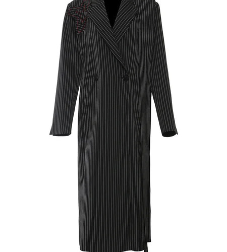 Women Black Striped Ribbon Long Big Size Blazer New Lapel Long Sleeve Jacket Fashion Tide Spring Autumn 2025  1DH7704