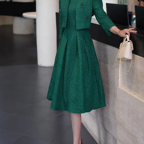 Load image into Gallery viewer, Elegant Two Piece Sets for Women Round Neck Long Sleeves Spliced Bead Jacket O Neck Patchwork Folds Dress Set Female
