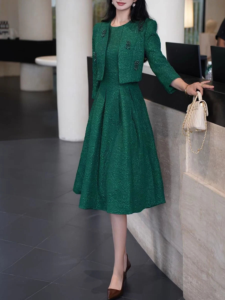 Elegant Two Piece Sets for Women Round Neck Long Sleeves Spliced Bead Jacket O Neck Patchwork Folds Dress Set Female