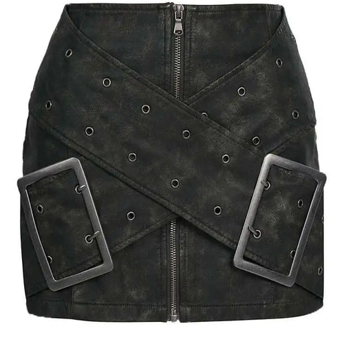Load image into Gallery viewer, High Waist Green Big Buckle Cross Pu Leather Vintage Mini Half-body Skirt Women Fashion Tide New Spring Autumn 2025 7AB874
