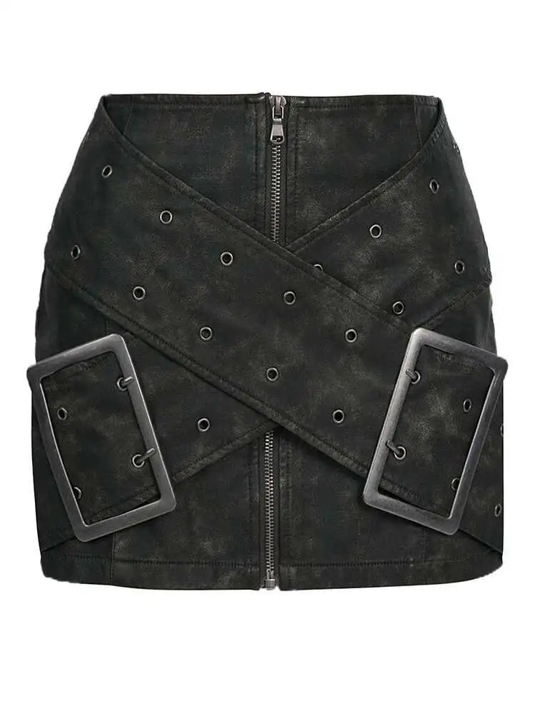 High Waist Green Big Buckle Cross Pu Leather Vintage Mini Half-body Skirt Women Fashion Tide New Spring Autumn 2025 7AB874