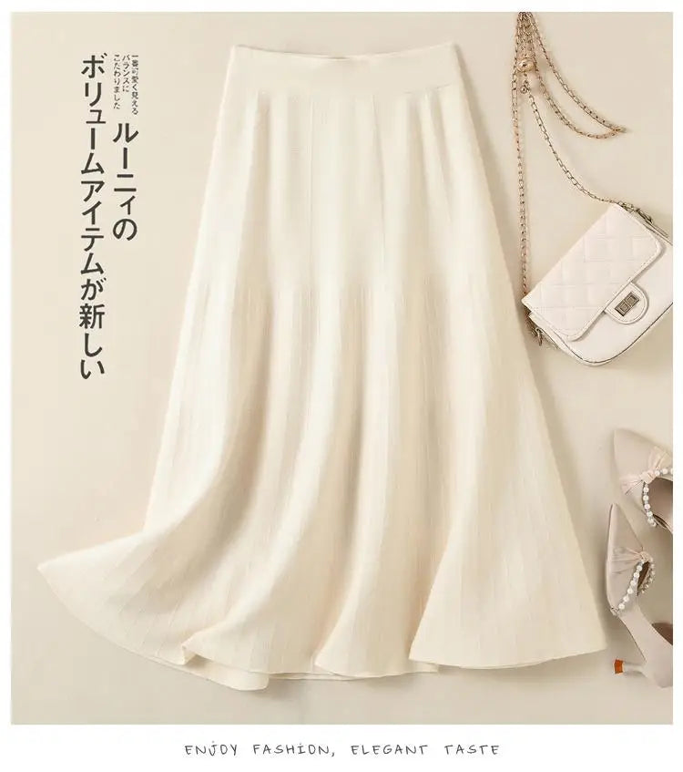 Korean Fashion 2024 Autumn Winter Ladies New Solid Elegant Elastic High Waist Pleated Long Skirt Women Slim Knitted A-line Skirt