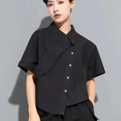 Load image into Gallery viewer, Women Black Irregular Big Size Casual Blouse New Lapel Short Sleeve Loose Fit Shirt Fashion Spring Summer 2025 1DE8726
