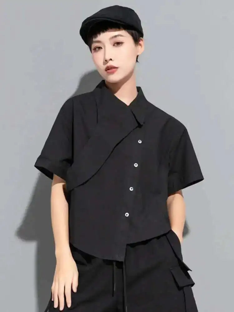 Women Black Irregular Big Size Casual Blouse New Lapel Short Sleeve Loose Fit Shirt Fashion Spring Summer 2025 1DE8726