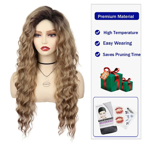 Load image into Gallery viewer, Synthetic Long Wave Wig for Woman Natural Brown Wig with Clip Free Part Side Bangs 80s Curly Wigs for Women Ombre Wig
