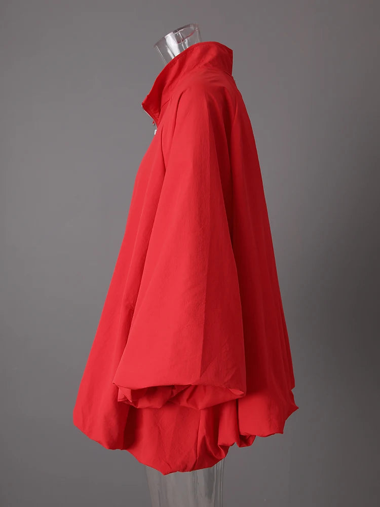 Red Shaped Big Size Casual Jacket New Stand Collar Long Lantern Sleeve Women Coat Fashion Tide Spring Autumn 2025  1DJ0578