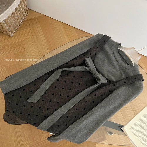 Load image into Gallery viewer, Autumn Women's Fashion 2024 French Two-piece Set Grey Bow Long Sleeves Tops + Square Neck High Waist Dot Wrap Hip Short Dresses
