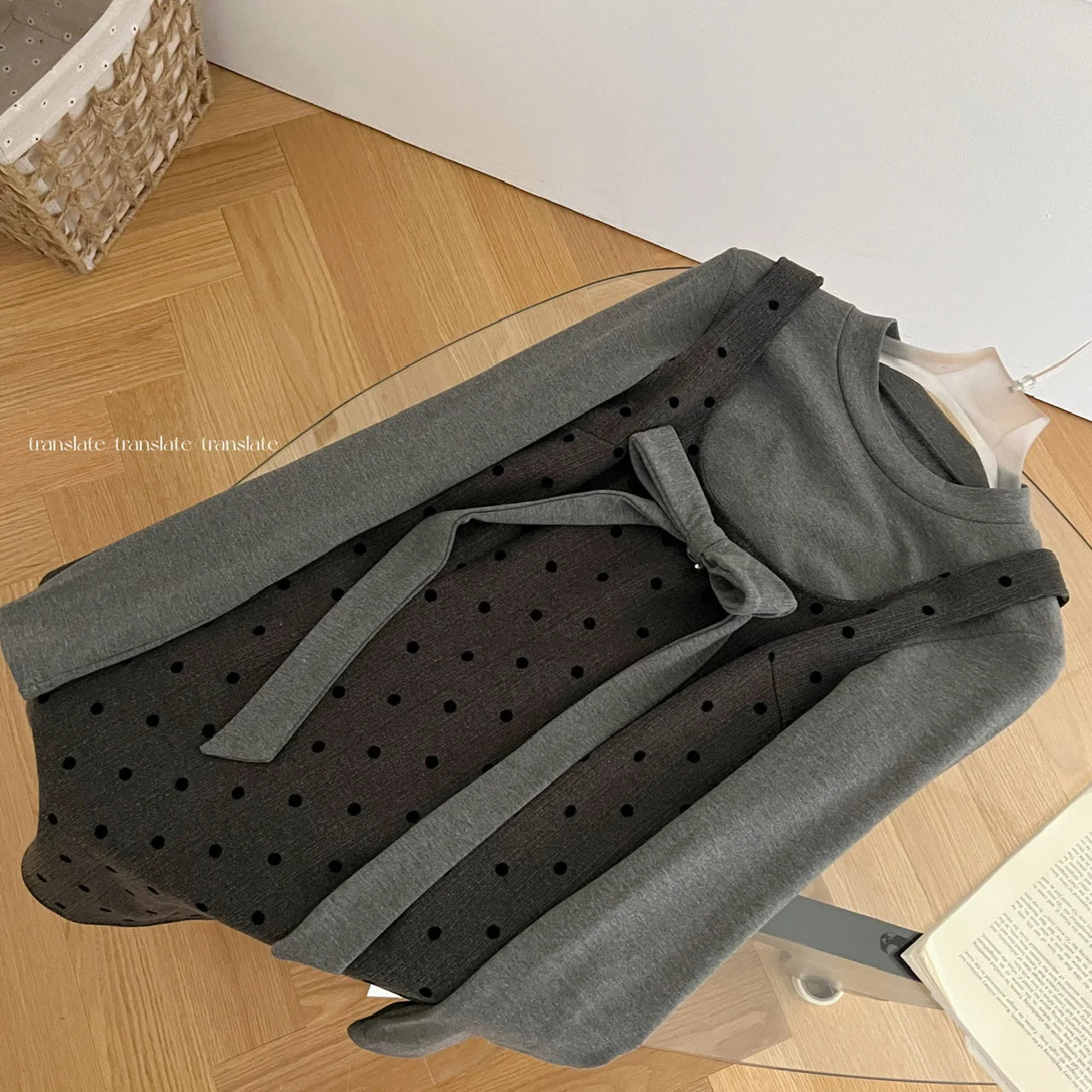 Autumn Women's Fashion 2024 French Two-piece Set Grey Bow Long Sleeves Tops + Square Neck High Waist Dot Wrap Hip Short Dresses