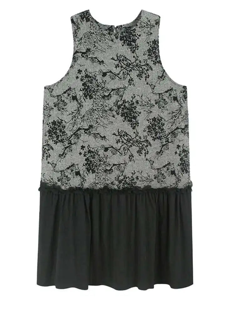Women Gray Printed Vintage Hem Pleated Big Size Vest Dress New Round Neck Sleeveless Fashion Spring Autumn 2025 1DH9454