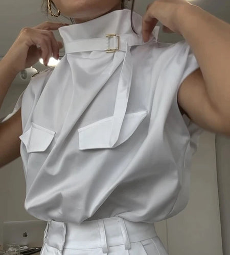 Fashion Women’s Sleeveless Blouse Shirts Summer 2025 Original Stand Collar Solid Color Buckle Tops for Woman Clothing