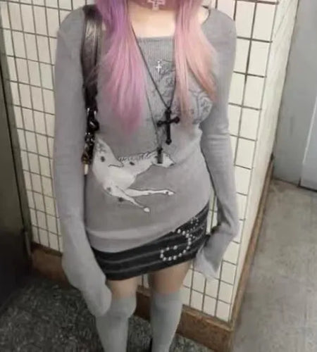 Japanese Y2k Knitted Tops Grunge Aesthetics Long Sleeve Ribbed Top Vintage Harajuku Graffiti Print T-shirt Trashy 2000s