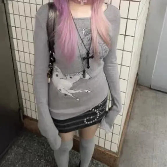 Japanese Y2k Knitted Tops Grunge Aesthetics Long Sleeve Ribbed Top Vintage Harajuku Graffiti Print T-shirt Trashy 2000s