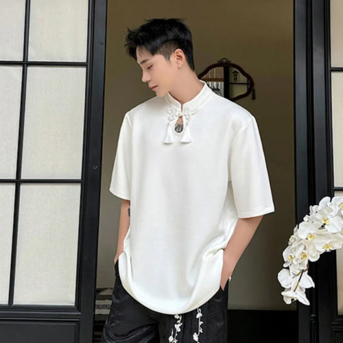 Load image into Gallery viewer, Chinese Style Men&#39;s T-shirt Short Sleeve Stand Collar Tassel Casual Pullover Top Summer Fashion Tide 9C5588
