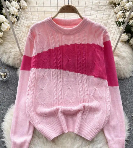 French Women's Autumn Winter Black White Patchwork Pullover Round Neck Slim Knitted Top Casual Elegant Pink Twists Sweater Trend