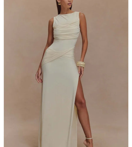 Elegant Sleeveless Pleated High Slit Slim Dress Women Sexy Backless Bodycon Party Evening Dress Spring/summer New 2025