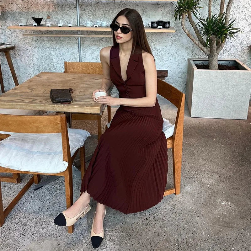 Fashion Skirt Two Piece Sets Women Notched Collar Sleeveless Crop Tops And Midi Skirt Femme Elegant Pleated Skirt Sets