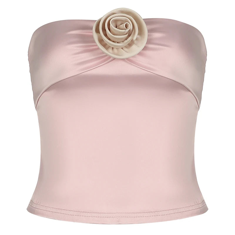 Fashion Chic Flower Pink Strapless Tube Top Zipper Sweet Coquette Summer Crop Tops Female Elegant Mini Party Clothing