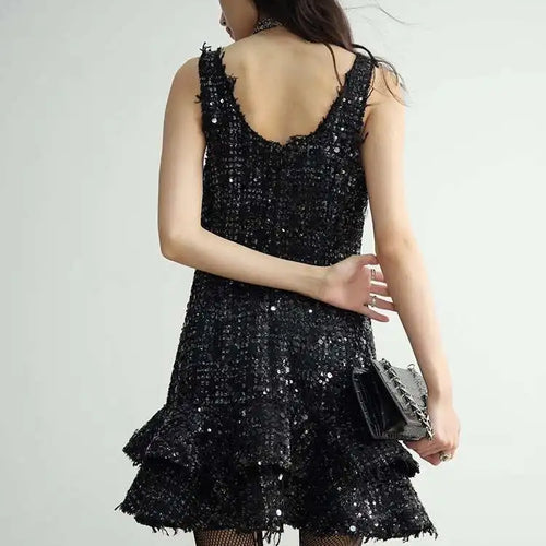 Load image into Gallery viewer, Women Black Sequins Tassels Ruffles Mini Elegant Dress New Round Neck Sleeveless Fashion Tide Spring Autumn 2025 1DH8269
