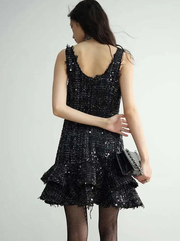 Women Black Sequins Tassels Ruffles Mini Elegant Dress New Round Neck Sleeveless Fashion Tide Spring Autumn 2025 1DH8269